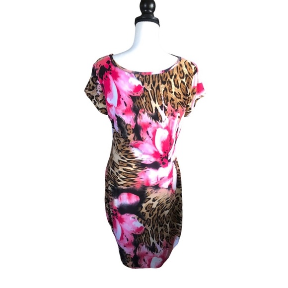 Cache Pink Floral Animal Print Gathered Waist Midi Sheath Dress Size 12 - Picture 4 of 7